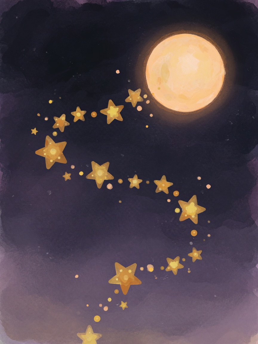 A soft painted night sky with a honey constellation path under a warm moon