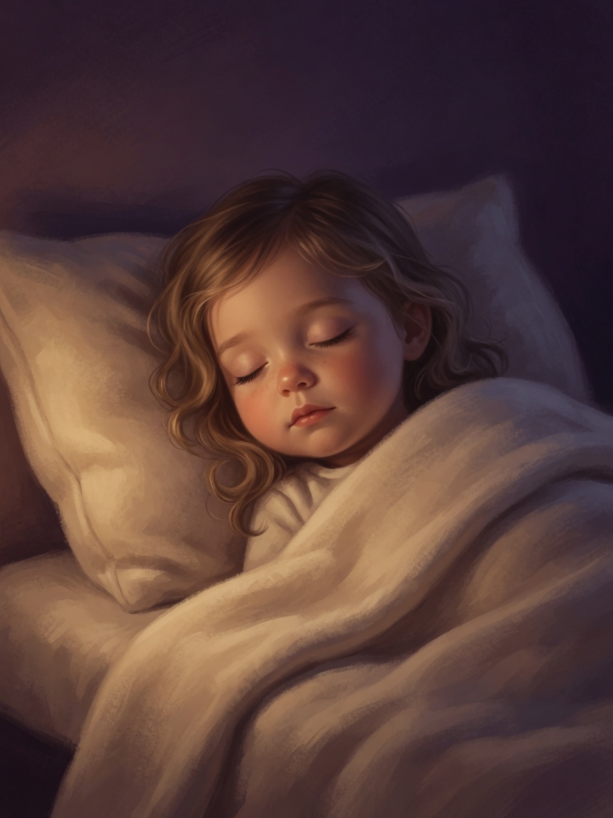 A gentle painted toddler asleep in bed under a soft nightlight, the hero of their bedtime film