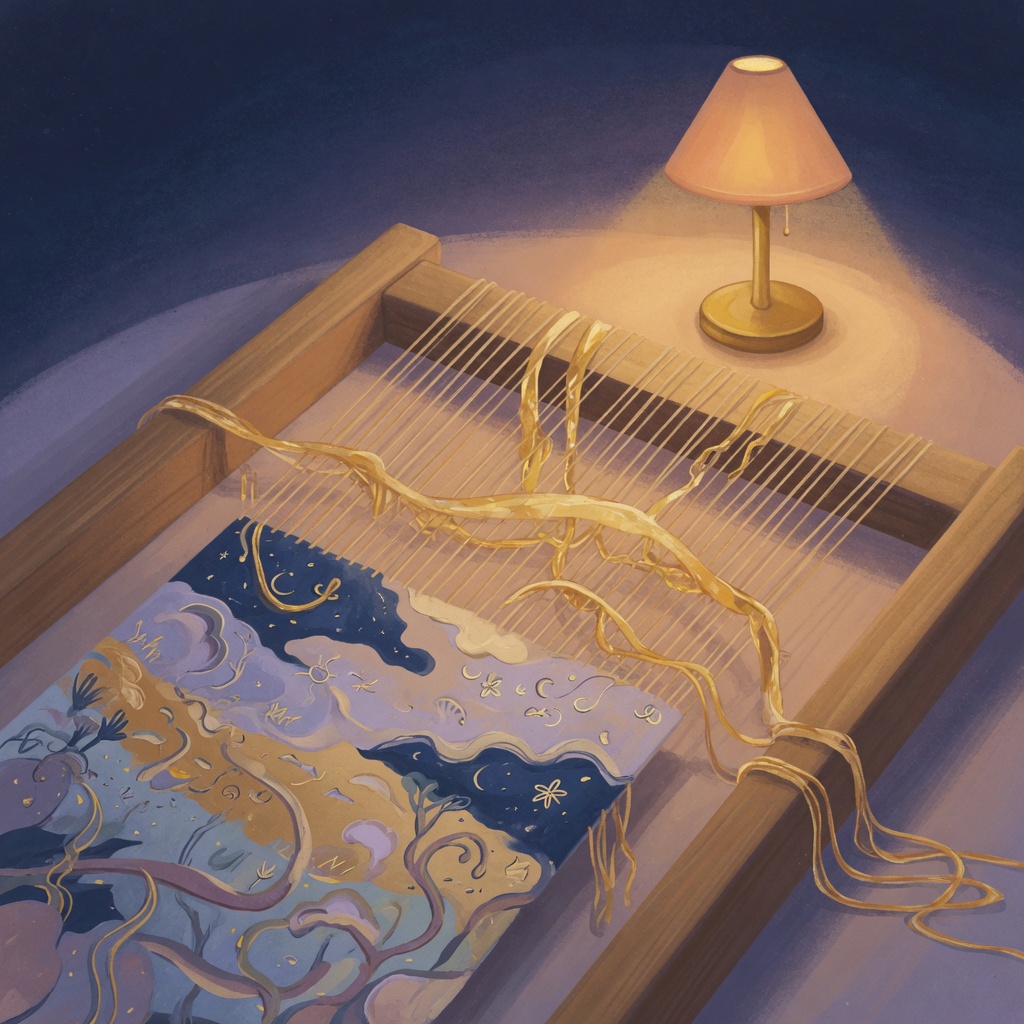 A soft painted night library of story doors under one warm lamp